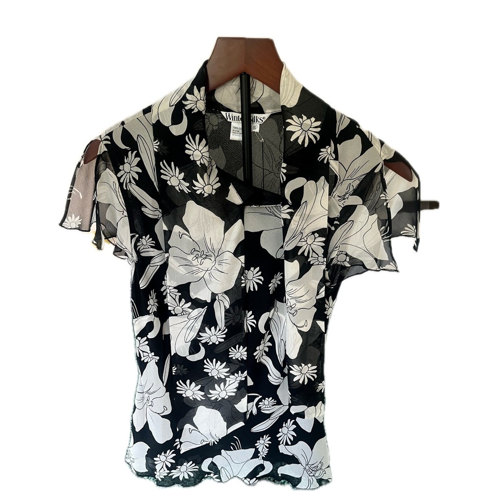Vintage NWT 90s Black White Floral 100% Silk Chiffon Cowl Neck Blouse Women Sz S